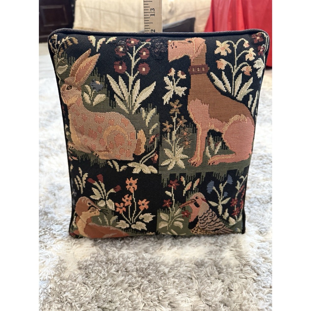 Vintage Millefleurs Tapestry Pillow Hunting Dog Rabbit Bird 12x12 Accent Cushion